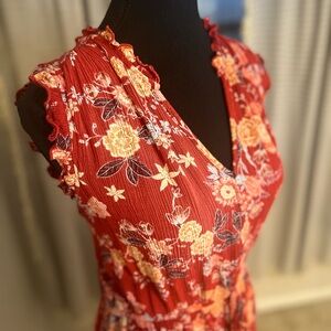 Red Midi Sundress with V-Neck and Cap Sleeves